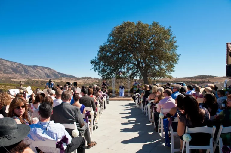 A beautiful wedding ceremony in the desert under a large tree at a stunning wedding venue.