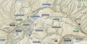 A detailed map of Pinnacles National Park trails and key points of interest.